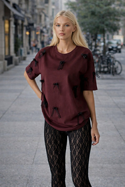 OYERGA MODA Women's Bow Detailed 100% Cotton Basic T-Shirt