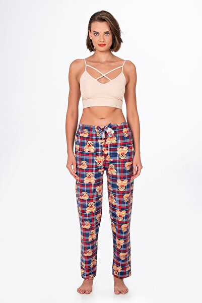 Kompedan Kadın Süet Kareli Ayıcık Desenli Pijama Tek Alt