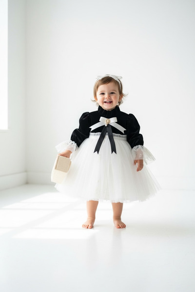 Hobidik Baby Rochie vintage pentru copii din catifea de mătase neagră