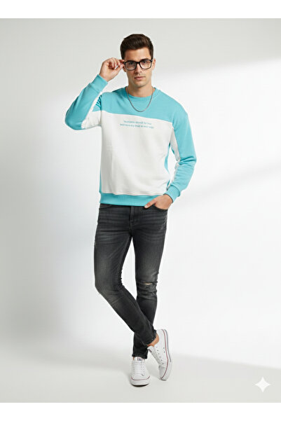 ribana Erkek Bisiklet Yaka Çift İplikli Baskılı İçi Pamuklu Sweatshirt