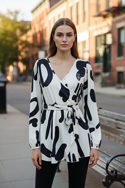 Mossta Double-Breasted Modal Blouse with Collar Tie Detail - Patterned