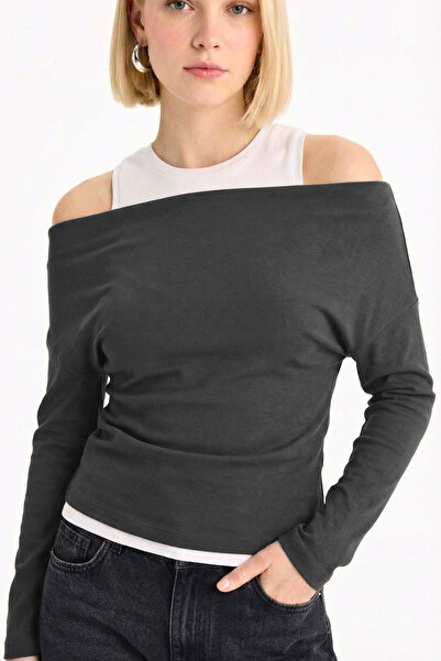 VODENS Smoked Slim Fit Slim Fit One Shoulder Double Layer Ribbed Cotton Long ...