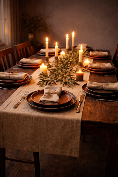 ÇIQRIK HOME Natural Vintage Organic Linen Runner Ranır 40X200 Cm-Battal Extra...