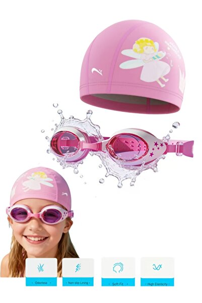 Generic مجموعة نظارات سباحة وقبعة مضادة للضباب للأطفال، مقاومة للماء والضباب - وردي