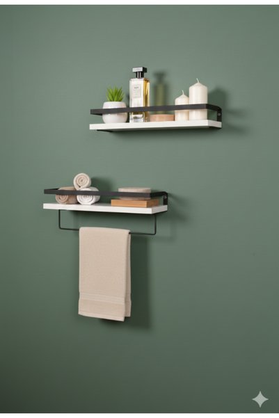Mudesa Banyo Rafı Ahşap Metal Banyo Havluluk 2 Raflı Duvara Monte Sabunluk