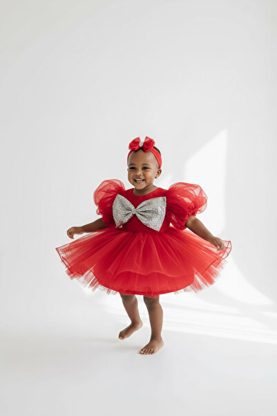 Hobidik Κόκκινο γκρι φόρεμα για κορίτσια με παγιέτες και φιόγκο από οργάντζα