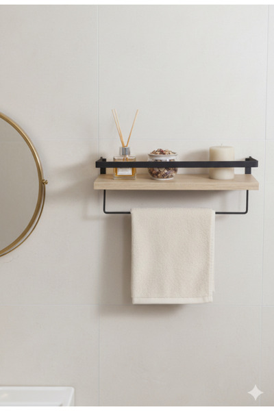 Mudesa Banyo Rafı Ahşap Metal Banyo Havluluk  Raflı Duvara Monte Sabunluk