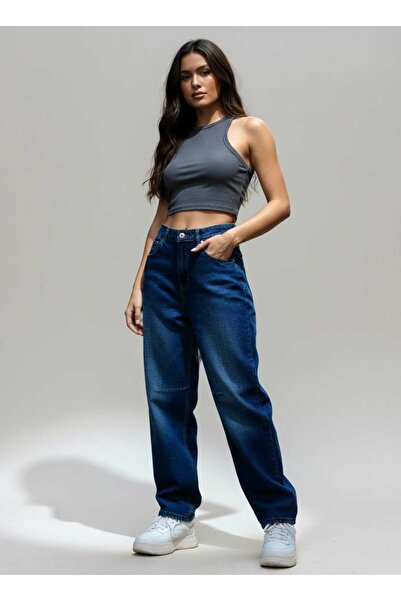 Trn JNS Aden Baggy tmavomodrá praná spona detailne voľný strih široké nohavic...