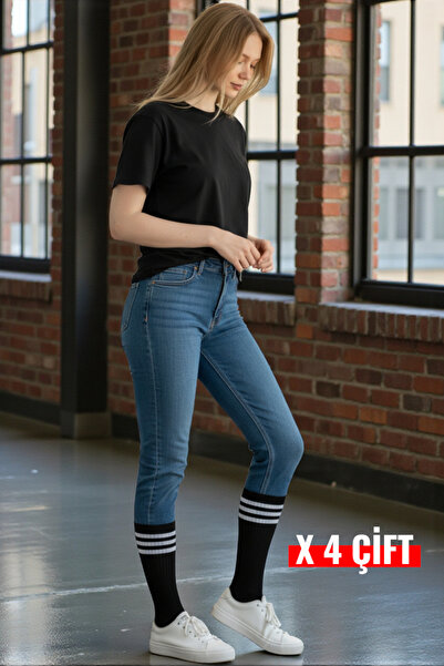 Esinti 4 Çift Erkek Kadın Pamuklu Beyaz Siyah Çizgili Uzun Tenis Çorap Unisex...