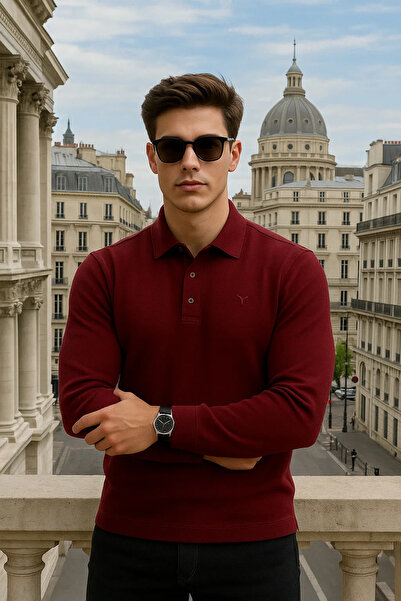 Maccali Men's Long Sleeve Casual Polo Neck Burgundy Sweater