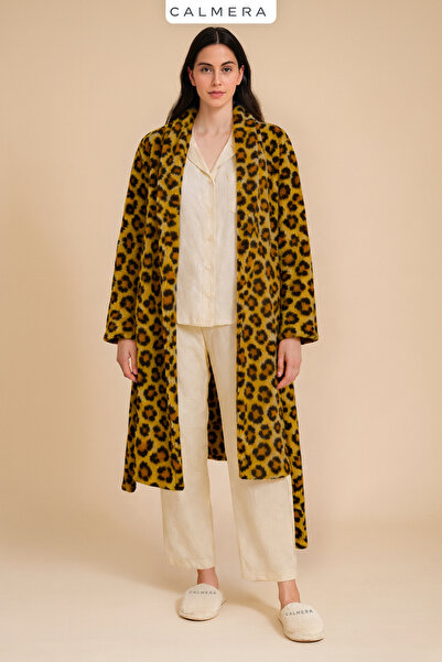 Calmera Wellsoft Polar Şal Yaka Kadın Sabahlık | Yumuşacık | Kuşaklı - Diz Boyu - Bornoz | Leopar