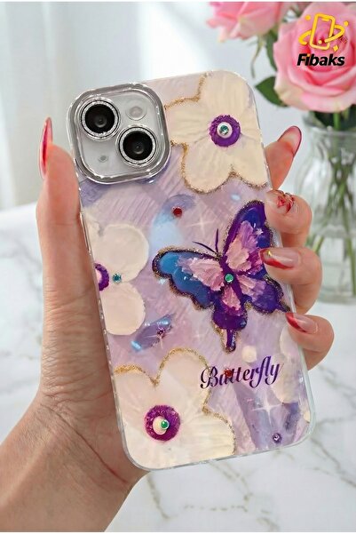 Fibaks iPhone 15 Kılıf Renk Geçişli Taşlı Kamera Lens Korumalı Simli Butterfl...