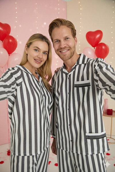 KLY Ziua Îndrăgostiților Ziua Îndrăgostiților Femei Bărbați Set de pijamale cu model în dungi gri din 2 piese, special pentru cupluri