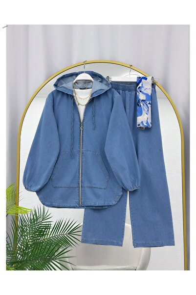 YEDİLALE Zipped Hooded Denim Jacket and Pants Two-Piece Set [Excluding Shawl ...