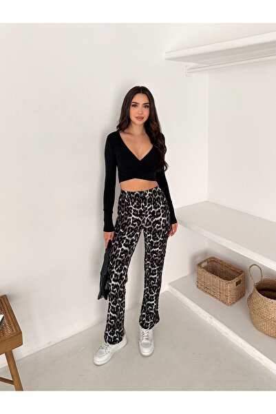 Velista Kadın Yüksek Bel Leopar Desenli Geniş Paça Crep Pantolon