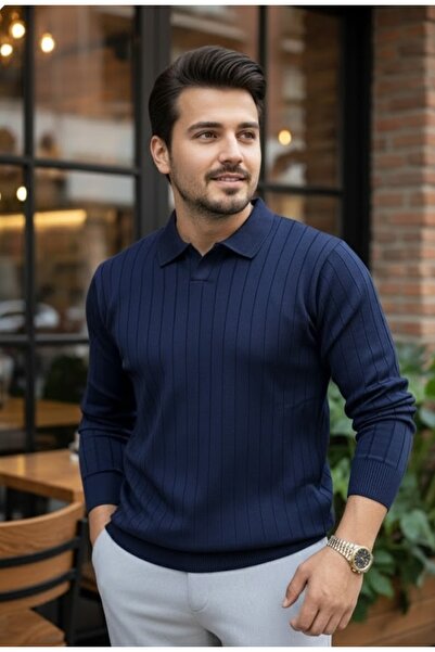 LİBASSİNİ Men's Sweater Men's Open Collar Sports Mold Sweater Navy Blue