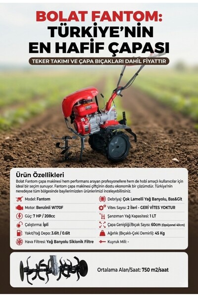 BOLAT Fantom Benzinli Çapa Makinesi 2 İleri Vites - 7 HP