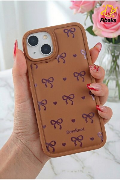 Fibaks İphone 13 - 14 - 15 Kılıf Yumuşak Dokulu Fiyonk Desenli Kahve Yumuşak ...