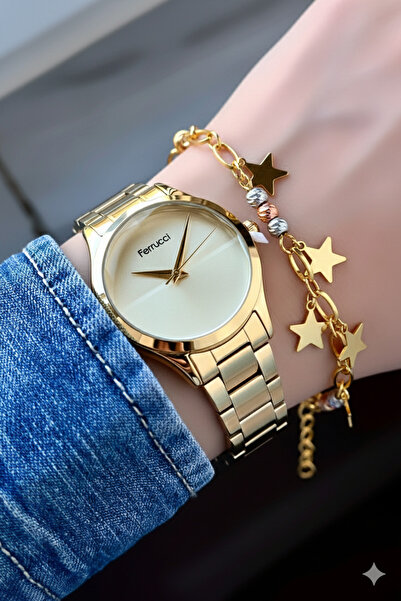 Ferrucci ساعة يد نسائية معدنية ذهبية اللون مع زجاج مقطوع - ضمان لمدة عامين - ...