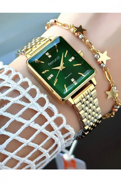 Ferrucci ساعة يد نسائية ميلانو – مينا حجر أخضر، زجاج مقطوع، علبة مستطيلة، حبل...