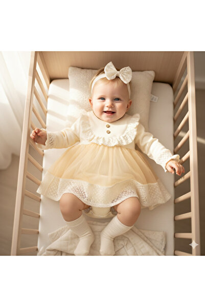 Miniday Baby Kız Bebek Mevlütlük Elbise Dantelli Bandanalı