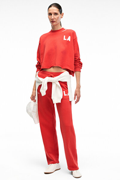 GRIMELANGE Avenza Women's Embroidery Detailed Side Pockets Regular Wide Leg Red Sweatpants