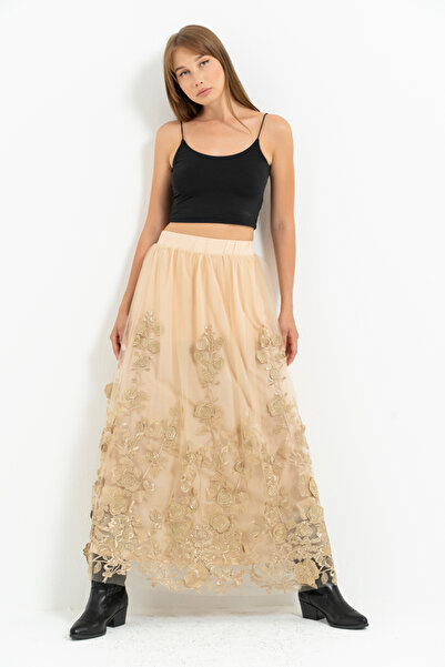 Kikiriki Kum Çiçek İşlemeli Uzun Tül Etek