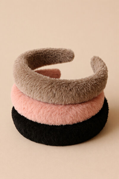 Store 3’lü Peluş Kalın Taç Seti – Siyah Vizon Pembe