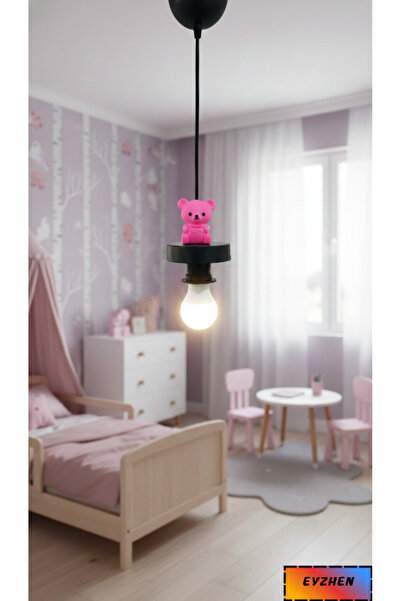 Eyzhen Bebek/Çocuk Odası El Yapımı Pembe Taş Ayıcık Figürlü Tekli Sarkıt Lamba