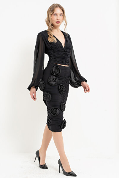 Kikiriki Siyah Gül Detaylı Midi Tül Etek