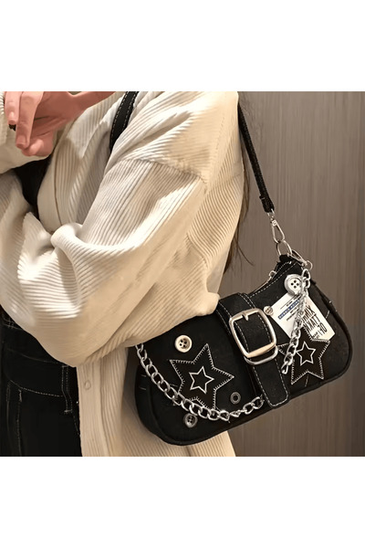 Köstebek Siyah Star Düğmeli ve Zincirli Kot Omuz Çantası