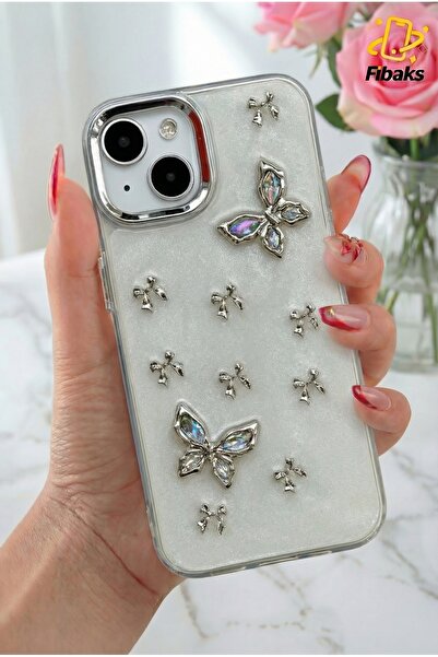 Fibaks حافظة آيفون 13 - 14 - 15، حافظة معدنية لؤلؤية على شكل فراشة إيبوكسي، ن...