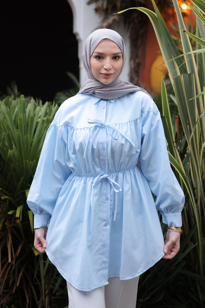 İmajButik Baby Blue Buttoned Tunic with Elastic Waist