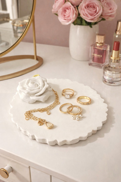 Homesinti Handmade Stone Organizer Decorative Plate and Rose Object White