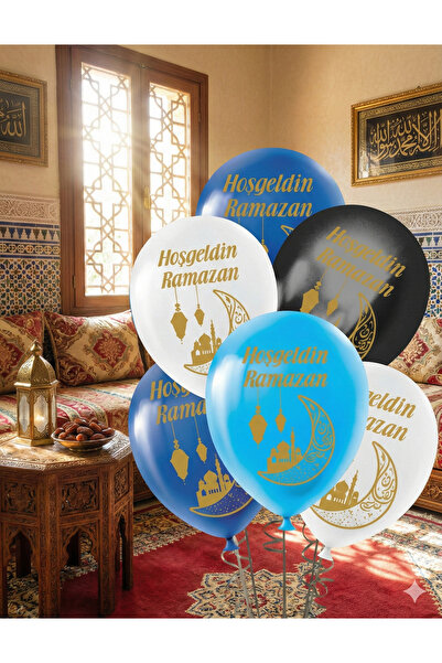 Azebu 6 Adet Hoşgeldin Ramazan Baskılı Renkli Balon Ramazan Bayramı Süsleri