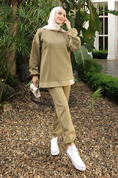 İmajButik Khaki Embroidered Tunic and Pants Set