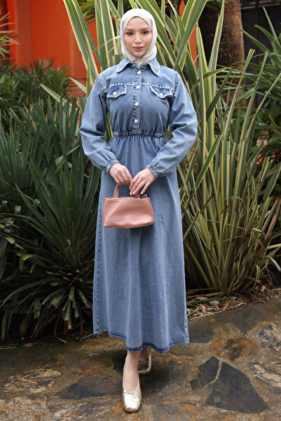 İmajButik Μπλε κεντημένο τζιν φόρεμα τσέπης