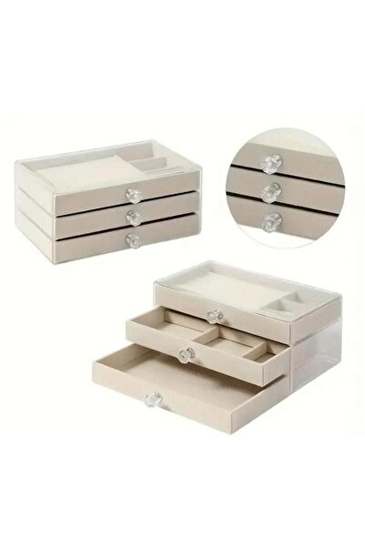 RE'BELLA Kadife 3 Çekmeceli Bölmeli Şeffaf Takı Kutusu Mücevher Saklama Kutusu