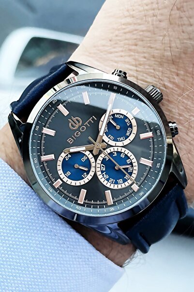 Bigotti Men's Wristwatch 5 Atm Waterproof 100% Leather Strap Dark Blue Color