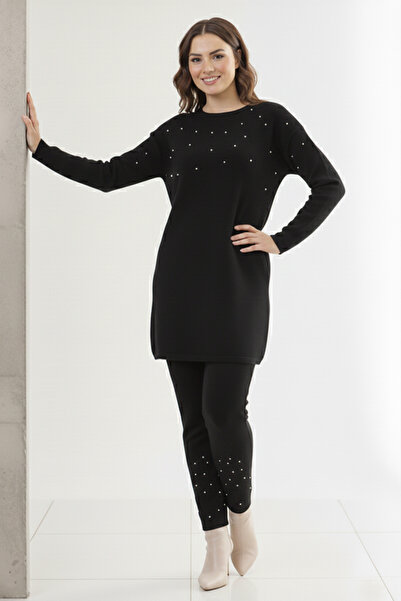 benguen 6205 طقم تريكو بتفاصيل حجرية باللون الأسود