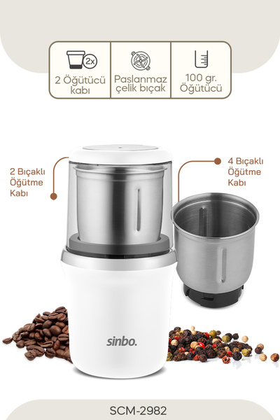Sinbo 2982 Kahve & Baharat Öğütücü Beyaz/Krom – 200W Güç, Paslanmaz Çelik Bıç...