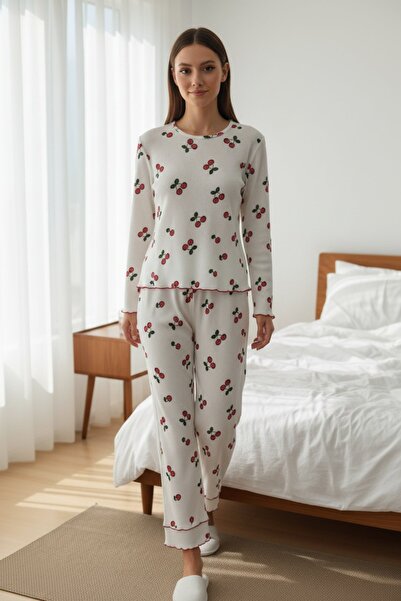 Mossta Ruffle Detailed Cherry Pajama Set - White