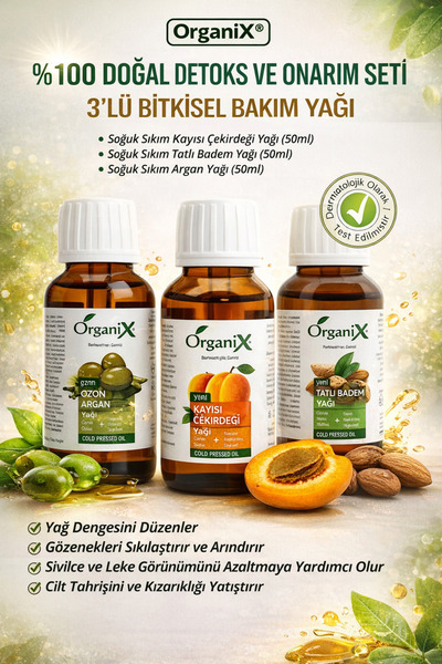 Organix Doğal Detoks Cilt Bakım Seti | Soğuk Sıkım Kayısı+Badem+Argan Yağı | ...
