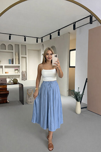 Sezgi Tekin Bel Lastikli Kırışık Doku Saten Midi Mavi Etek