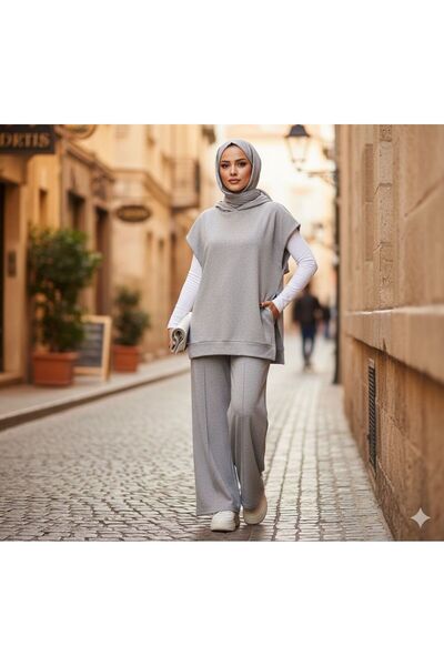 onlymoon Kadın Gri 3 İplik 2'li Spor Takım ♦ Kapüşonlu ♦ Rahat Günlük ♦ Modern Tesettür Giyim