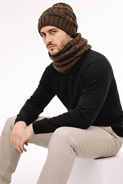 Gönülden Tasarım Hand Knitted Soft Wool Men's Beret Neck Collar Set Unisex