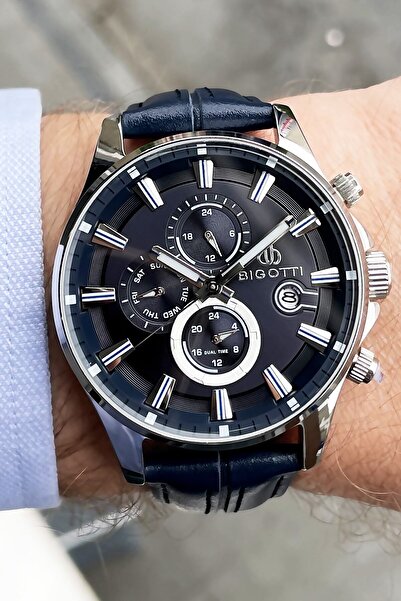 Bigotti Orijinal Hakiki Deri Erkek Kol Saati 5 ATM Su Geçirmez Lacivert Renk ...