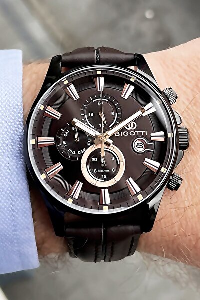 Bigotti ساعة يد رجالية من الجلد الحقيقي 5 ATM مقاومة للماء لون بني + سوار BME...