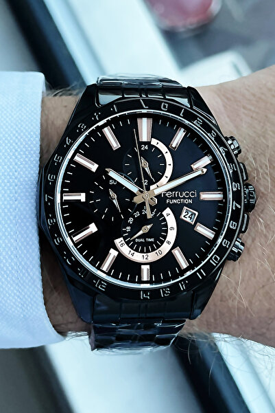 Ferrucci ساعة يد رجالية مقاومة للماء 3 Atm، سوار فولاذي أسود اللون GFRE2028C3