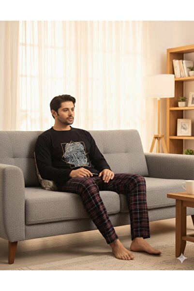 URUMDAY Men's plaid print long sleeve crew neck pajama set